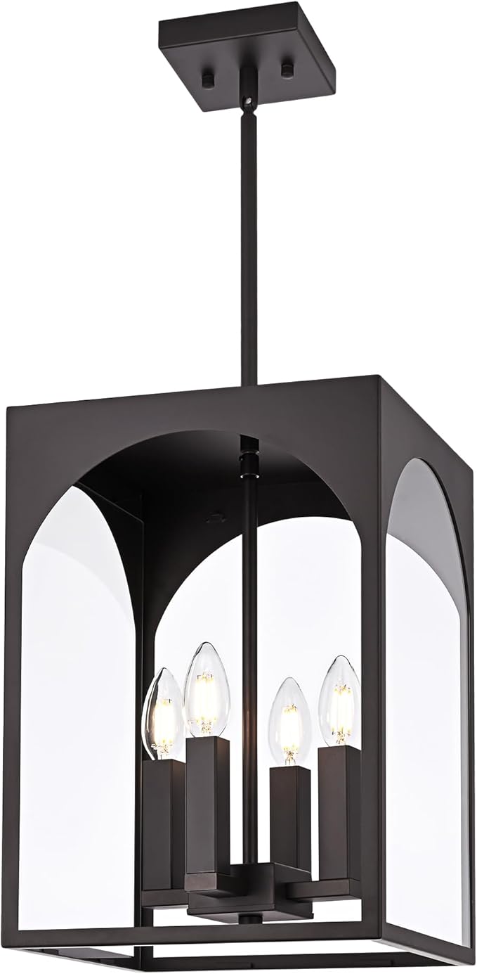 VINLUZ Outdoor 4 Light Pendant Lighting,Classic Outside Chandelier Exterior Hanging Lantern Light with Clear Glass Shade Oil Rubbed Bronze Finish for Porch, Yard, Gazebo