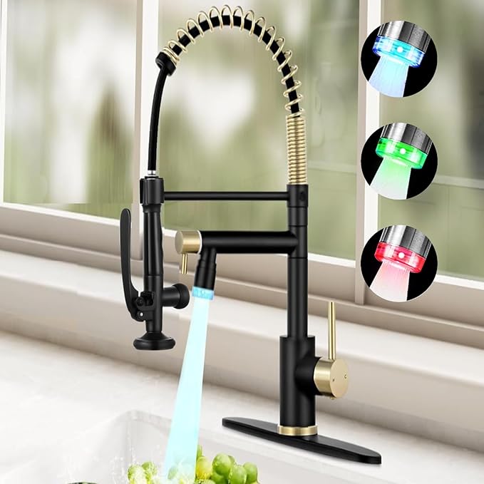 Smart Kitchen Faucet, 3 Modes Pull Down Sprayer, LED Temperature Control, Ceramic Valve,360-Degree Rotation,1 or 3 Hole Deck Plate, Double Spout. 10-Year Warranty. (KW-05GR. Brushed Gold/Black)