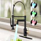 Smart Kitchen Faucet, 3 Modes Pull Down Sprayer, LED Temperature Control, Ceramic Valve,360-Degree Rotation,1 or 3 Hole Deck Plate, Double Spout. 10-Year Warranty. (KW-05GR. Brushed Gold/Black)