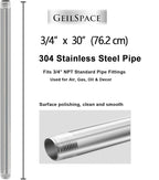 GeilSpace 3/4" x 30" Stainless Steel Pipe, 304 Pipe Nipple Fits Standard 3/4 Inch Threaded Pipes and Fittings, DIY Industrial Metal tube (2 PCS)