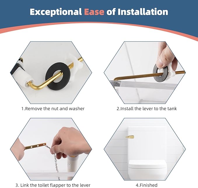 Polished Gold Universal Toilet Handle Replacement, Front Mount Toilet Flush Compatible with American Standard/Mansfield/TOTO/Kohler Toilets, Brass Toilet Trip Lever, Stainless Steel Flapper Chain