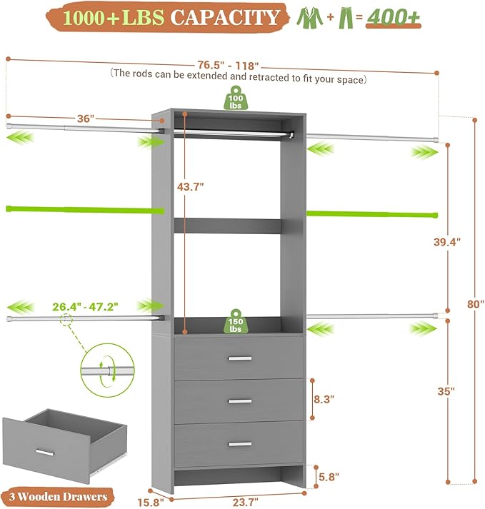 Aheaplus Closet System, Closet Organizer with 3 Wooden Drawers, Closet Organizer System, Walk-in Closet Wardrobe Clothes Rack with 4 Hanging Rods, Garment Rack, -4R, Grey