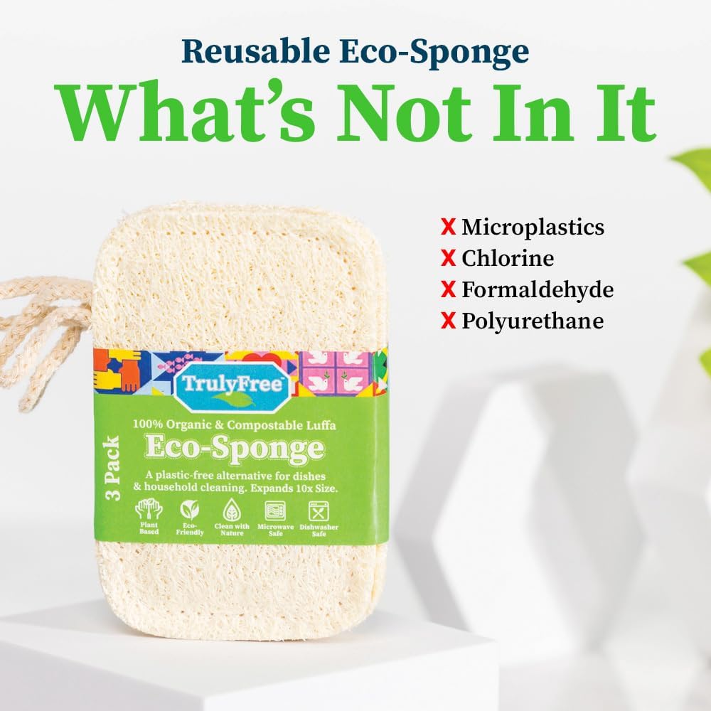 Truly Free Natural Cleaning Sponges, 100% Organic Luffa Dish Scrubber, Plant-Based Compostable Kitchen Dishwasher Sponge, Cleans Sink, Grout & Tile, Non Scratch Scouring Pad - 4.4 x 2.8 in, Pack of 3