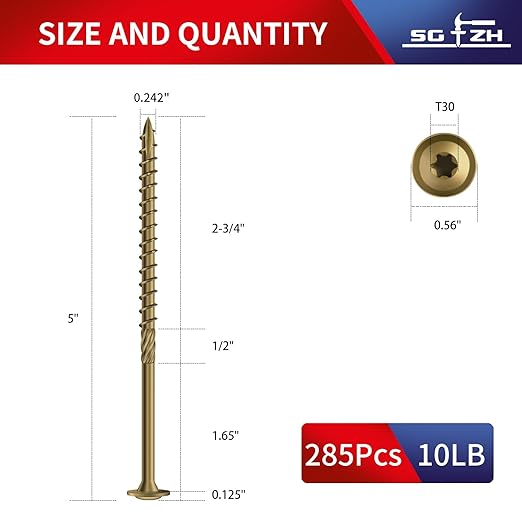 #14 x 5 Inch Lag Screws (285Pcs) 10lb. Structural Wood Screw, Bronze, Carbon Steel, Washer Head, Rust Resistant epoxy Coated, T30 Star Bit