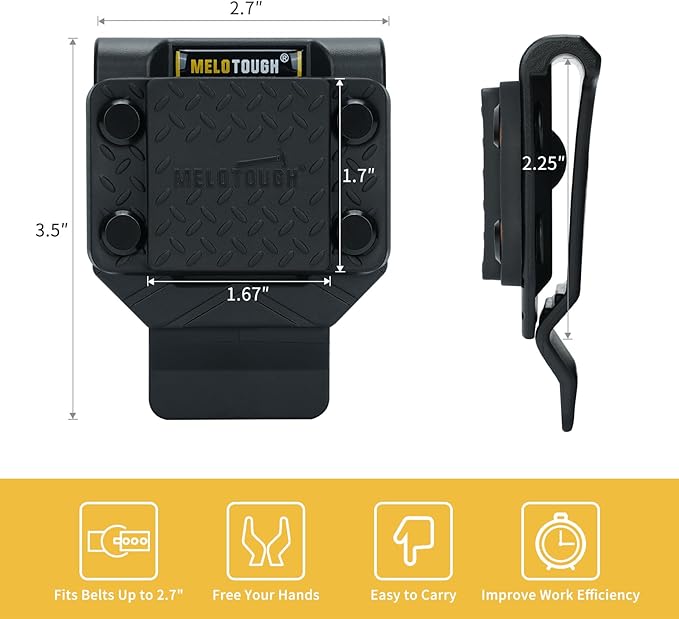 MELOTOUGH Magnetic Tool Holder Strong Magnetic Belt Clip for Screws,Nails,Wrench,Hammer,Pliers,Screwdriver,Trowel,Sockets - Fits Up to 2.7" Belt (Black)