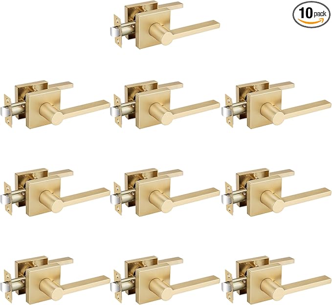 EHOMEWARE 10 Pack Gold Door Handles Door Knobs, Satin Brass Passage Door Lever Interior Door Handle for Hallway/Closet Non-Locking