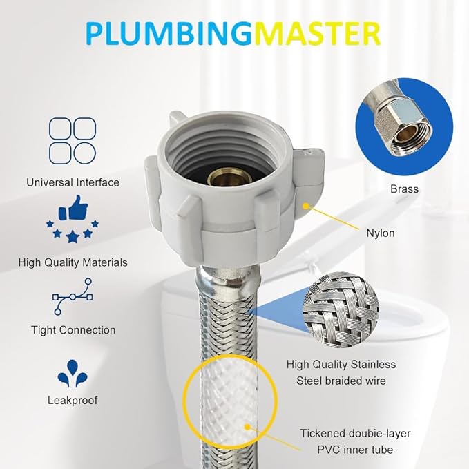 (10pcs 20 inch) PLUMBINGMASTER Toilet Water Supply Line,3/8" Comp x 7/8" BC Braided Stainless Steel Toilet Supply Line,Toilet Connector Hose with Anti-Leaking Brass Nut