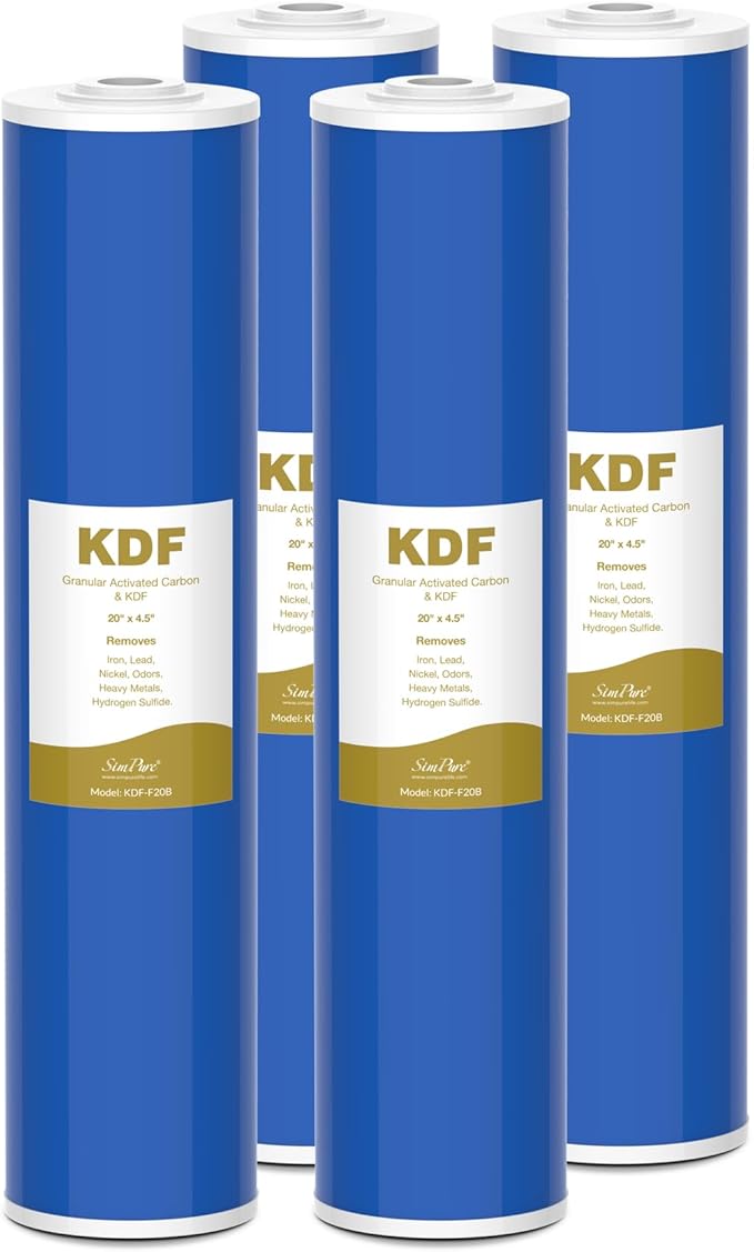 SimPure 20" x 4.5" Carbon and KDF Filters, Whole House KDF/GAC Heavy Metal Water Filter Cartridge Replacement for DB20P, DB20P-3KDF (4 Pack)