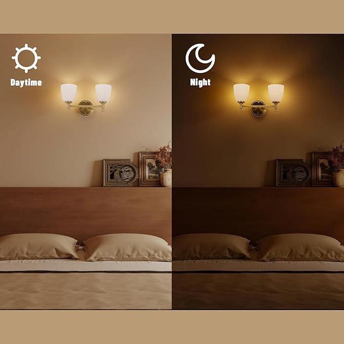 2-Light Gold Bathroom Light Fixtures, Wall Sconce with Brass Base & Milk Glass Shade, Gold Vintage Wall Lamp for Bedroom, Living Room, Hallway,Vanity,E26 Socket (Bulbs Not Included)