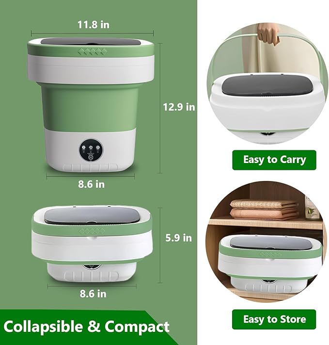 Portable Washing Machine, 15L Mini Collapsible Washer with 3 Cleaning Modes for Baby Clothes, Underwear, Small Foldable Laundry for Travel Apartment Home Dorm Hotel Camping (White+Green)