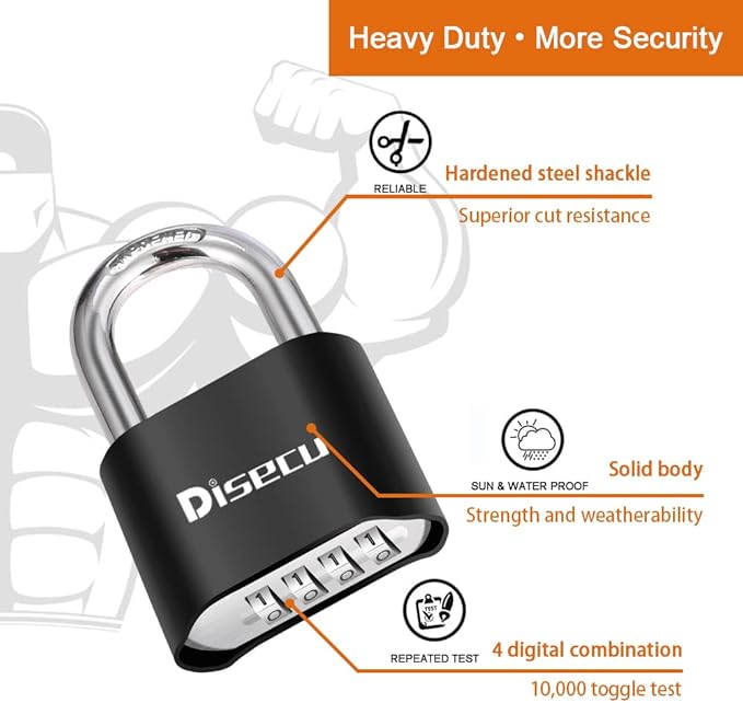 2 Pack disecu 4 Digit Combination Lock, Heavy Duty Outdoor Waterproof Padlock for School Gym Locker, Fence, Gate, Storage Unit, Toolbox (Black)