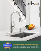 APPASO Patented Kitchen Faucet with Pull Down Sprayer and Soap Dispenser - Single Handle Stainless Steel Brushed Nickel High Arc Pull Out Kitchen Sink Faucets with Deck Plate