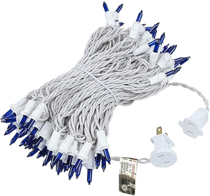 Novelty Lights 50 Feet 100 Bulb Incandescent Mini Light String, Blue with 6-Inch Spacing on White Wire, UL Listed Commercial Grade Indoor/Outdoor Mini Lights, Connectable End-to-End