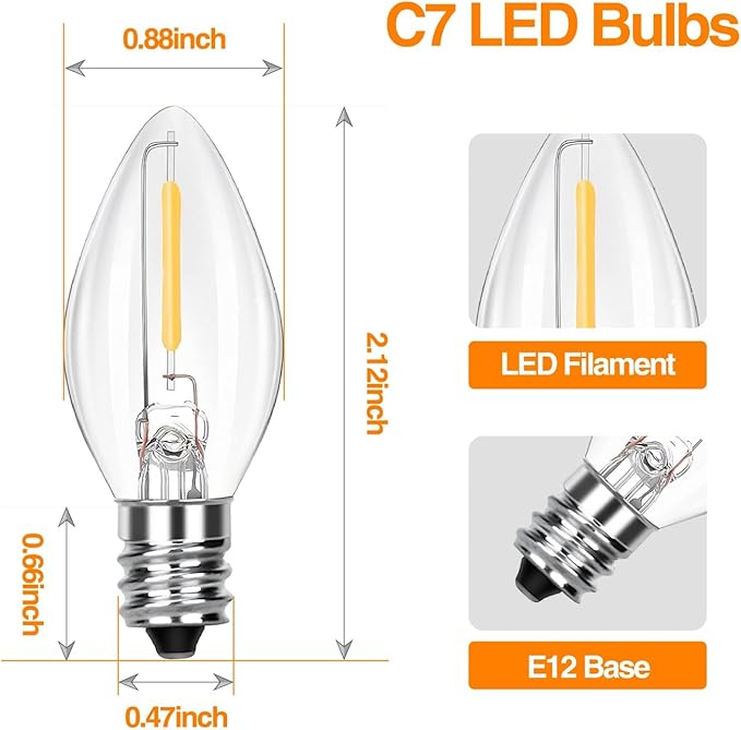 C7 Replacement Bulbs, 25 Pack Clear Warm White LED Christmas Light Bulbs, E12 Candelabra Base, Commercial Grade for Outdoor Halloween String Lights, Holiday Party Décor