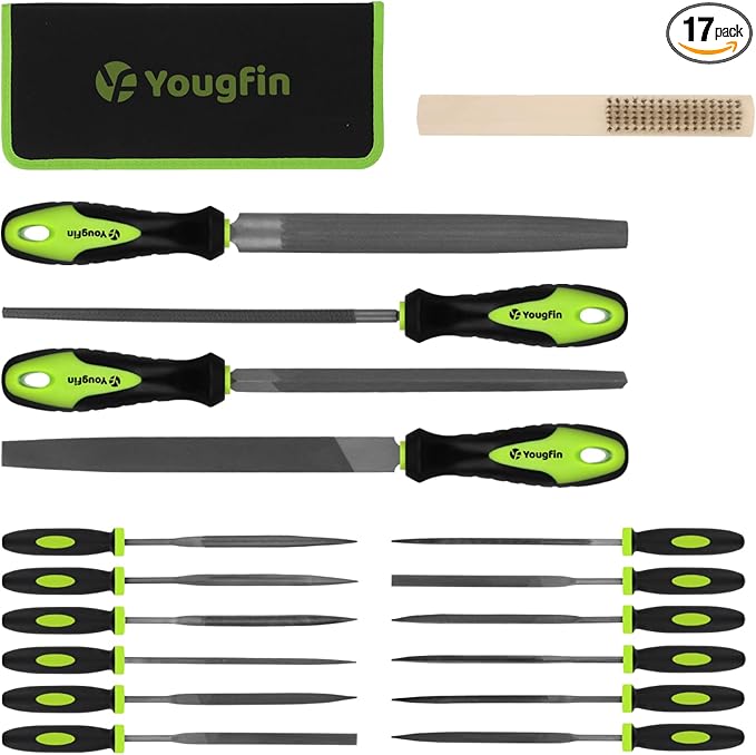 Yougfin 17 pcs File Set, 12 pcs Needle Files and 4 pcs Large Metal Files with Tool bag, Ideal Hand Tool for Woodwork, Metal, Model & Hobby Applications