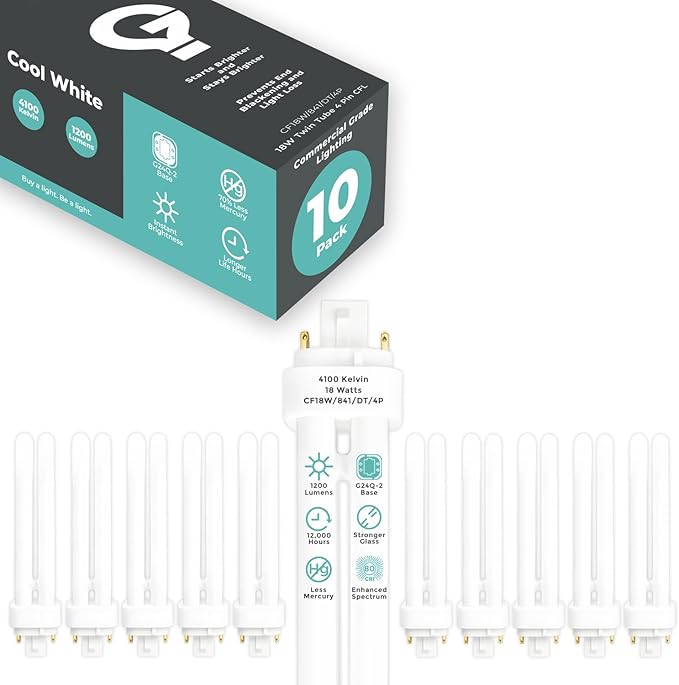 GoodBulb 18 Watt CFL Light Bulbs 4 Pin G24Q-2 Base 4100K Cool White 18W High Output 1200 Lumens Double Tube Compact Fluorescent Light Bulbs Plug-in 10 Pack