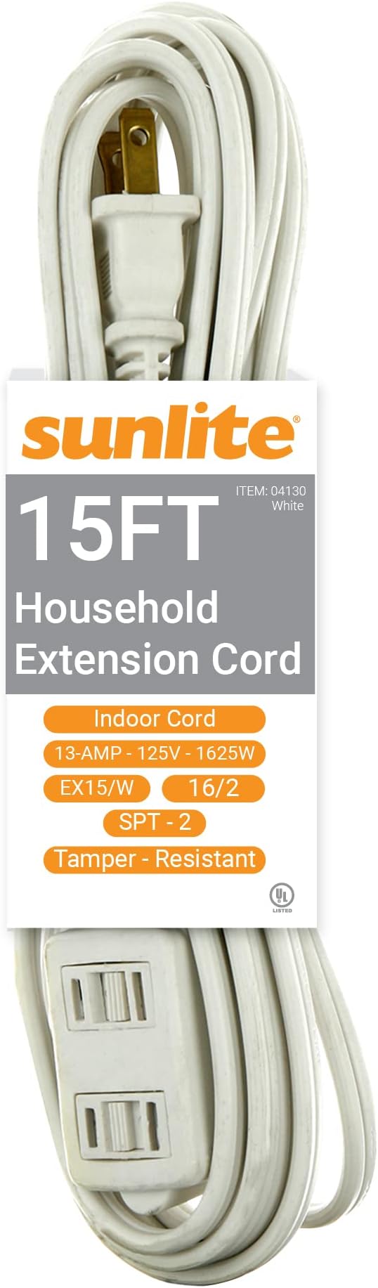 Sunlite 04130-SU 15-Foot Household Extension Cord, Three 2-Prong Polarized Sockets, Tamper Guards, Indoor Use, For Small Appliances, Electronics, Lamps, Fans, Mobile Devices, UL Listed, White
