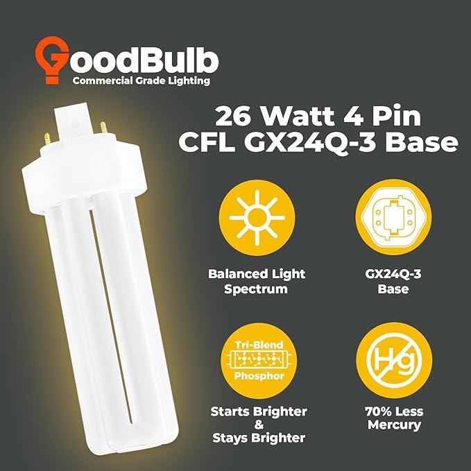GoodBulb 26 Watt CFL Light Bulbs 4 Pin GX24Q-3 Base 2700K Soft White 26W High Output 1800 Lumens Triple Tube Compact Fluorescent Light Bulbs Plug-in 10 Pack