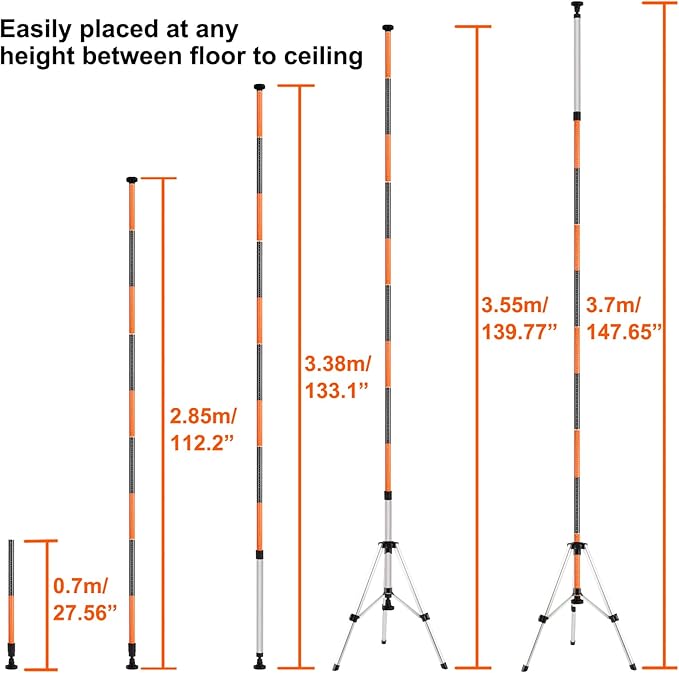 KEZERS Laser Level Pole with Tripod,12Ft./3.7M Telescoping Pole for Laser Levels,1/4”-20 Laser Mount for Rotary and Line Laser Level,Adjustable Pole and Tripod with 5/8”-11 Threaded Adapter-FLP370B