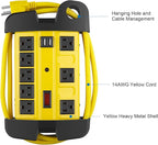 CCCEI Heavy Duty Power Strip with USB, Workshop 8 Outlet Surge Protector 2700 Joules, Industrial Metal 15Amp Power Strip, 20 FT Extension Cord and Wide Spaced Yellow.