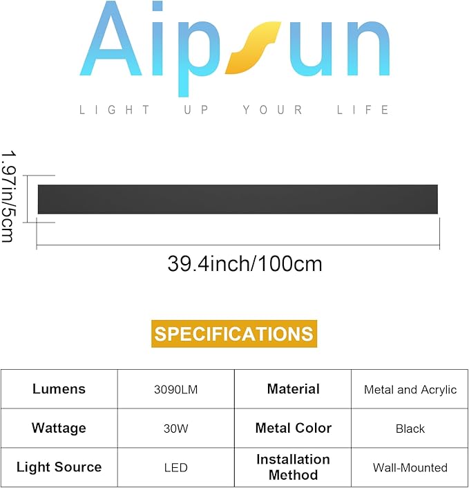 Aipsun 2 Pack Outdoor Wall Lights, 39.4inch Black LED Exterior Light Fixtures Wall Mount, Modern Porch Lights Wall Sconce, Long LED Linear Outside Lighting for Garage, Front Door 3000K