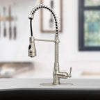 Akicon Pre-Rinse Spring Kitchen Faucet, Single Handle Solid Brass High Arc Pull Down Sprayer Head Kitchen Sink Faucet with Deck Plate