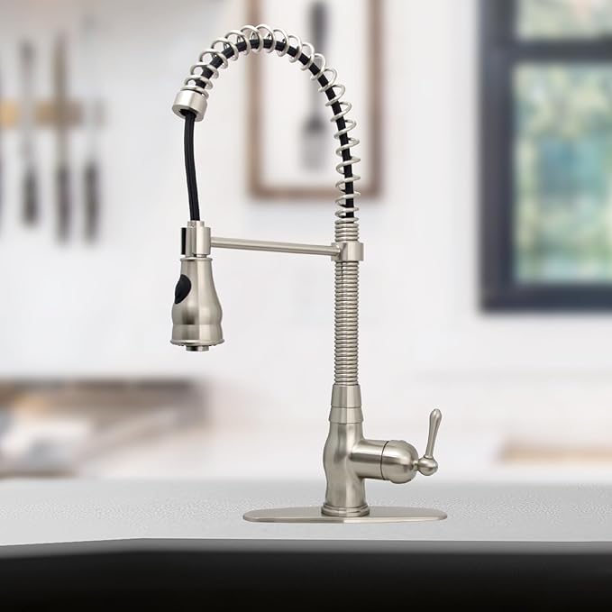 Akicon Pre-Rinse Spring Kitchen Faucet, Single Handle Solid Brass High Arc Pull Down Sprayer Head Kitchen Sink Faucet with Deck Plate