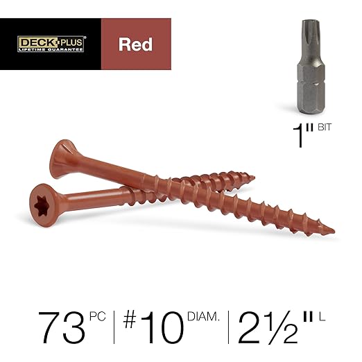 Deck Plus 2-1/2 Inch Epoxy Coated Exterior Wood and Fence Screws #10 x 2-1/2" Torx/Star Drive Included Coarse Thread, Outdoor Rust Resistant Decking Screw, Red, 1lb Box, 73 Pieces | 48429