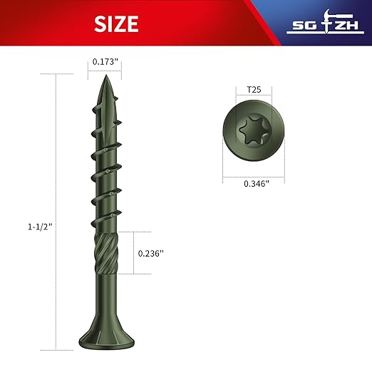 #8 x 1-1/2" Deck Screws (143Pcs) 1lb. Carbon Steel, Green, Flat Head, Rust Resistant epoxy Coated, with T25 Star Bit