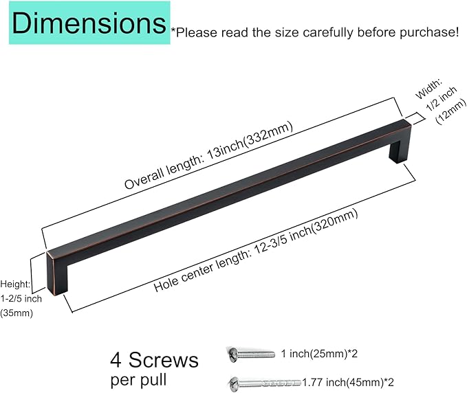 10 Pack 12-3/5 Inch Oil Rubbed Bronze Drawer Handles Square Cabinet Pulls Black Handles with Bronze Edge Cupboard Handles Modern Stainless Steel Kitchen Cabinet Handles and Pulls