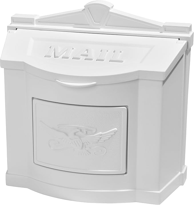 Gaines Wallmount Mailbox - Powder Coated Aluminum with Solid Brass Accents - Mounting Hardware Included (White with White Eagle)