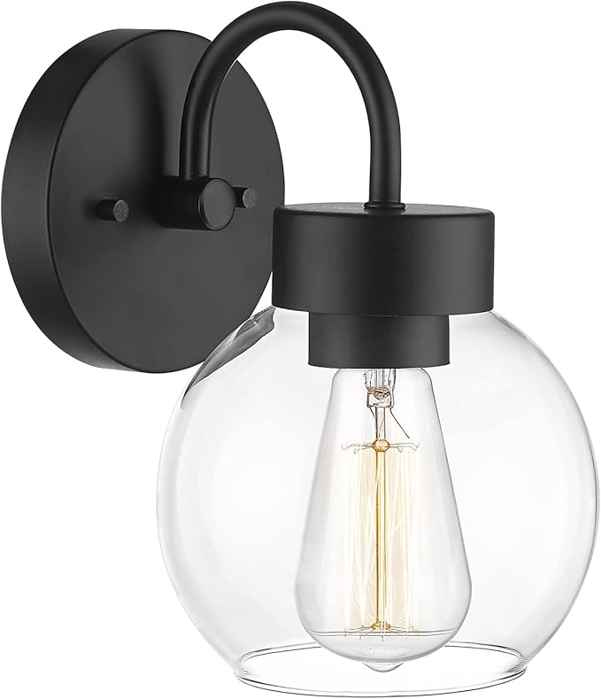 EAPUDUN 1-Light Matte Black Bathroom Light Fixtures Over Mirror, Vanity Lights with 1 Globe Clear Glass Shades, Industrial Style Wall Sconces, WLA1433-MBK