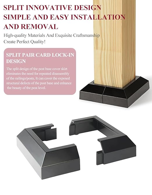 2PCS 3"x 3" Split Deck Post Base Cover, Aluminum Split Type Post Skirt Guardrail Bottom Cover for Railings, Stairs, Patios, Porches, Split Deck Base Bracket Covers(Black)