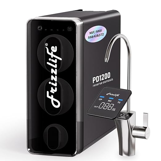 Frizzlife 1200GPD Reverse Osmosis Water Filter, NSF/ANSI 42&58&372 Standards, 11-Stage Tankless RO Water Filtration System, Under Sink, 3:1 Pure to Drain, Smart Faucet, Reduce PFAS, BPA Free, PD1200