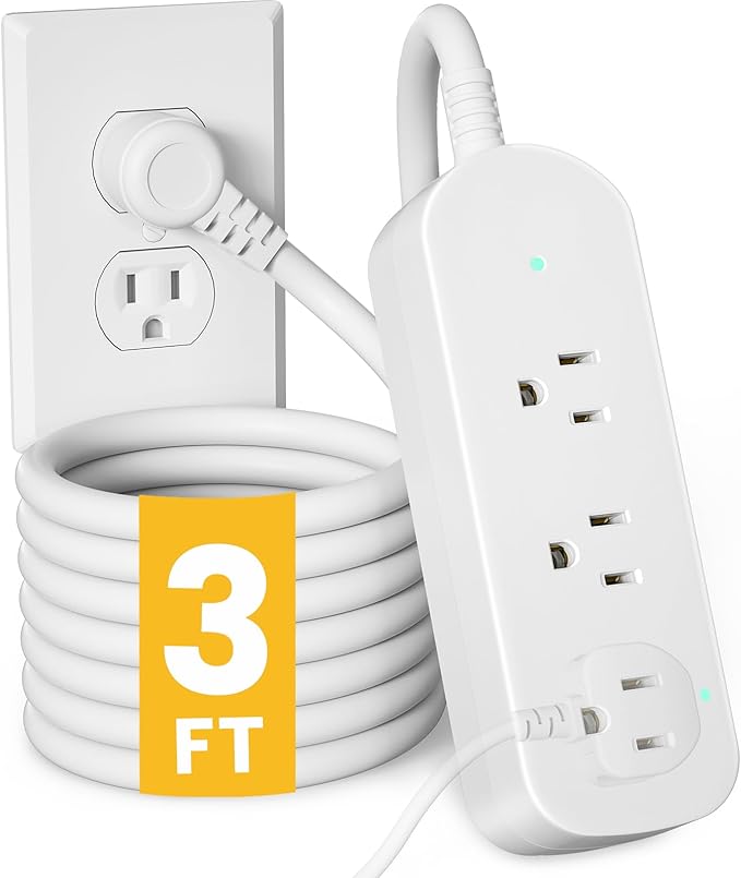 3ft Extension Cord, 3 Outlets Small Power Strip, Mountable Power Strip Weatherproof, for Home, Outdoor, Travel.