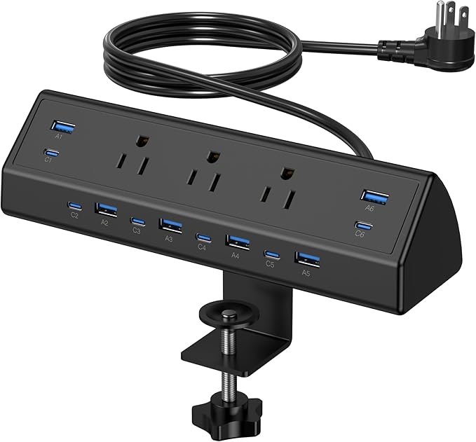 Jgstkcity 130W Desk Clamp Power Strip, 12 USB Ports (6 PD 65W USB-C),Surge Protector,ETL Listed Power Hub Extension Cord,Fast Charging Station for Home Office Desk Edge Mount (Black, 12 USB-130W)