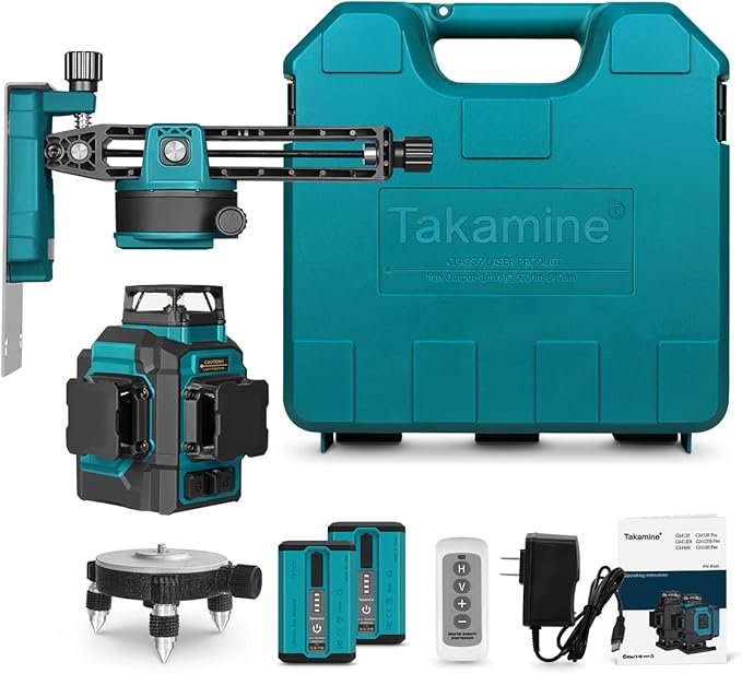 Takamine 12 Lines 3D Self Leveling Laser Level Pro, 3x360 ultra-bright Red Line with Brightness Adjustment, Two Li-ion Batteries, Remote Controller, Magnetic Rotating Stand Included