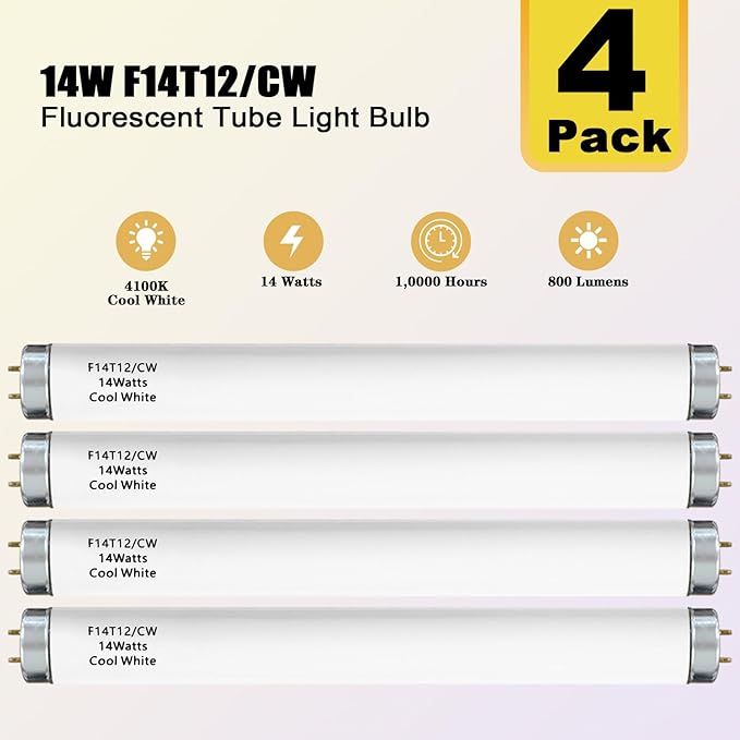 14 Watts F14T12/CW Fluorescent Light Bulb, T12 Liner Fluorescent Tube, 15 Inches Overall Length, T12 14W Cool White Light Color, G13 Bi-Pin Cap, 4 Pack