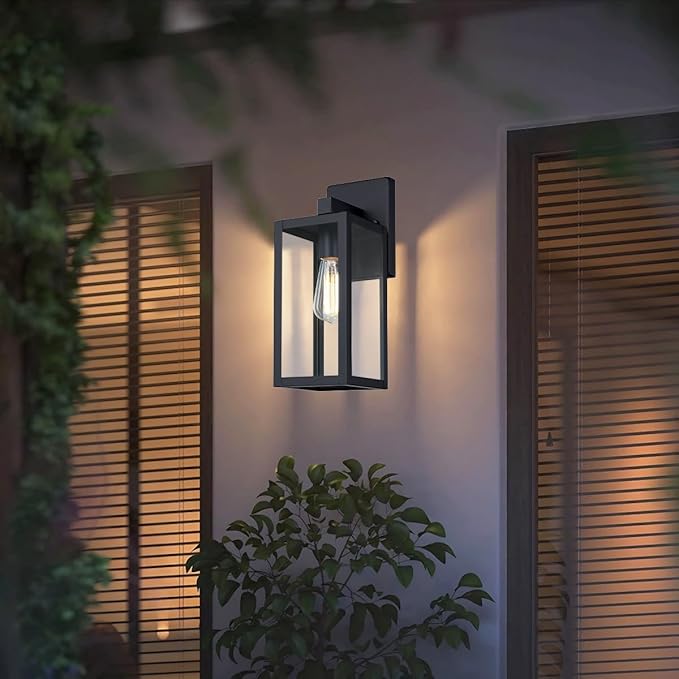 GRUENLICH Waterproof Large Outdoor Wall Lanterns, Modern Black Porch Sconces with Clear Glass Shade, E26 Socket Max 60W, IP65 Rated, Metal Frame, for Patio, Front Door, Entryway, 1-Pack