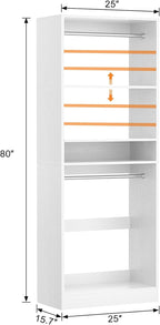 Unikito Freestanding Closet System, 25” Closet Organizer Wardrobe with Hanging Rods & Shelve, Adjustable Clothes Garment Rack, Sturdy Walk in Closet Tower, Easy Assembly, 25" W x 16" D x 80" H, White