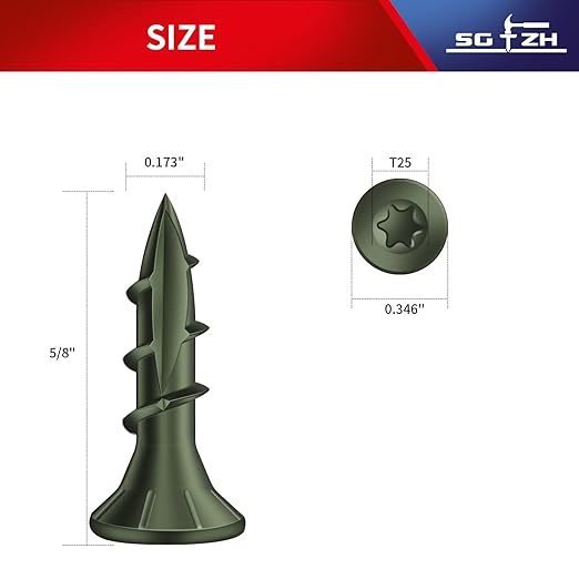 #8 x 5/8" Deck Screws (295Pcs) 1lb. Carbon Steel, Green, Flat Head, Rust Resistant epoxy Coated, with T25 Star Bit