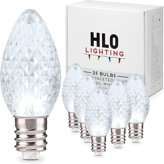 Holiday Lighting Outlet Faceted C7 Christmas Lights | Cool White LED Light Bulbs Holiday Decoration | Warm Christmas Decor for Indoor & Outdoor Use | 2 SMD LEDs in Each Light Bulb | Set of 25