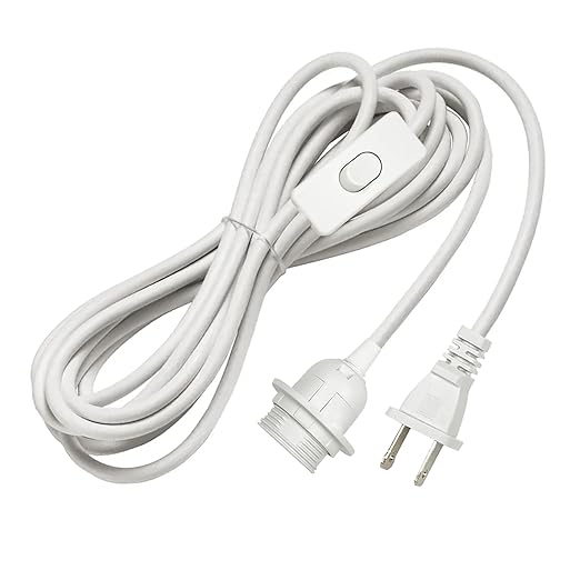 Plug in Pendant Light Cord Kit - UL 20Ft Lamp Cord with On/Off Switch and Bulb Socket E26 E27, White Extension Electric Wire for DIY Hanging Lanterns, 1 Pack