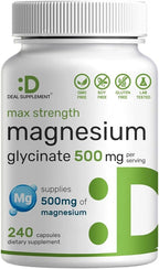 Max Strength Magnesium Glycinate 500mg Per Serving, 240 Capsules | Chelated, Highly Purified, Essential Mineral | Magnesium Supplement for Muscle, Joint, & Heart Health