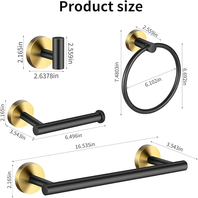 5 Pieces Bathroom Hardware Set Black Gold, Towel Rack Including 2pcs 16 inch Tower Bar, Towel Ring and 2 PCS Towel Hooks