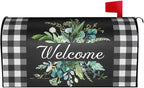 Kawani Buffalo Plaid Mailbox Cover - Black & White Plaid with Leaves - Magnetic Welcome - Standard Size 25.5 x 21 Inches