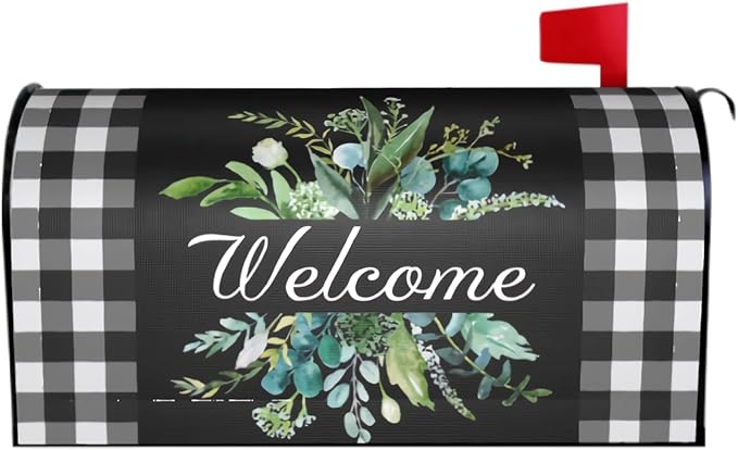 Kawani Buffalo Plaid Mailbox Cover - Black & White Plaid with Leaves - Magnetic Welcome - Standard Size 25.5 x 21 Inches