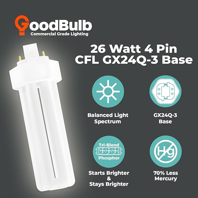 GoodBulb 26 Watt CFL Light Bulbs 4 Pin GX24Q-3 Base 4100K Cool White 26W High Output 1800 Lumens Triple Tube Compact Fluorescent Light Bulbs Plug-in 10 Pack