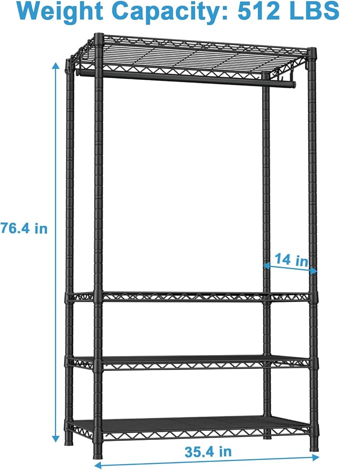 Ulif H4 Portable Closets, 4-Tier Metal Clothes Garment Rack for Bedroom and Cloakroom, Clothing Closet Storage and Organizer Wardrobe, 35.4" W x 14" D x 76.4" H, Black