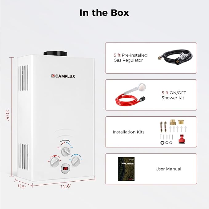 CAMPLUX Propane Water Heater, 2.11GPM Portable Water Heater for Camping, 55,000 BTU Portable Hot Water Heater Outdoor, BW211, White